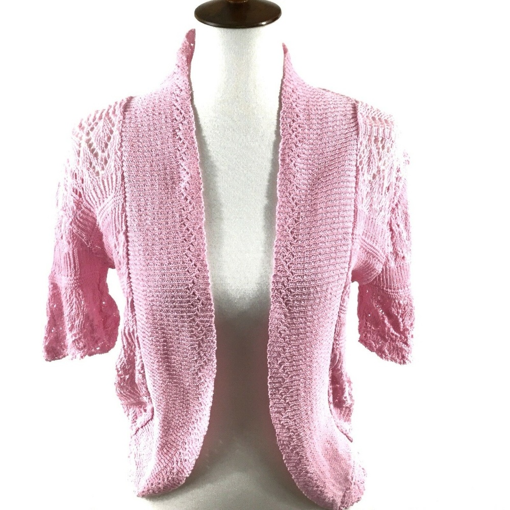 Bina Open Front Crochet Cardigan Sweater Pink 3/4 Sleeves